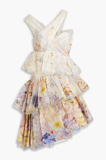 Многоярусное мини-платье из шелка и льна с цветочным принтом ZIMMERMANN, сиреневый