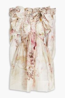 Мини-платье из льна и шелка с оборками и цветочным принтом ZIMMERMANN, экру