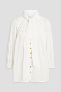 Хлопковая блузка из английской вышивки с завязками на воротнике ZIMMERMANN, белый