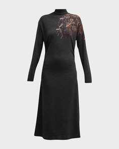 Платье миди с длинными рукавами и цветочным декором из шерстяного джерси Brunello Cucinelli