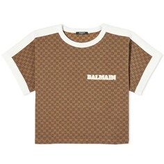 Balmain mini укороченная футболка с монограммой, коричневый