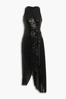 Асимметричное платье миди из тюля с пайетками из крепдешина BADGLEY MISCHKA, черный