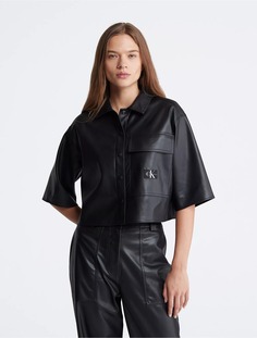 Рубашка Calvin Klein Boxy Cropped Faux Leather Button-Down, черный