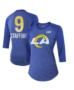 Женская футболка с надписью Matthew Stafford Royal Los Angeles Rams Super Bowl LVI, имя, номер, футболка с рукавами 3/4 реглан Majestic