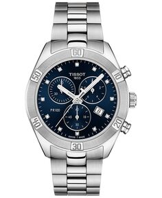 Женские швейцарские часы с хронографом T-Classic PR 100 Diamond (1/20 карата) Серые часы-браслет из нержавеющей стали 38 мм Tissot, серебро