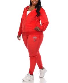 Велюровый спортивный костюм больших размеров со стразами, комплект из 2 предметов White Mark, красный