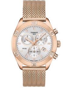 Женские швейцарские часы-хронограф PR 100 Sport Chic T-Classic с сетчатым браслетом из нержавеющей стали цвета розового золота, 38 мм Tissot, золотой