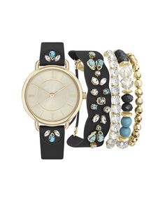 Женские аналоговые часы 34 мм с черным ремешком из драгоценных камней и комплект браслетов в тон Jessica Carlyle, черный