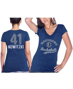 Женская футболка Dirk Nowitzki Blue Dallas Mavericks с именем и номером Tri-Blend Majestic, синий