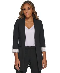 Женский пиджак с открытыми передними рукавами и закатанными рукавами, обычные и миниатюрные размеры Calvin Klein, черный