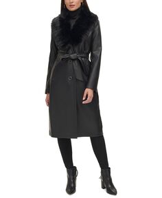 Женское пальто из искусственной кожи с отделкой из искусственного меха Kenneth Cole, черный