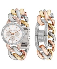 Женские аналоговые часы с большим трехцветным ремешком из нержавеющей стали и браслетом с открытым звеном, украшенным кристаллами, 40 мм Kendall + Kylie