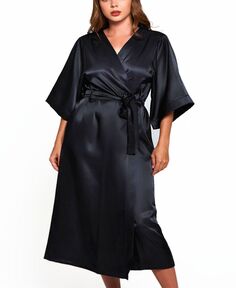 Длинный атласный халат Victoria Plus Size с рукавами 3/4 iCollection, черный