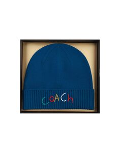 Женская шерстяная шапка с вышивкой в ​​рубчик в штучной упаковке COACH, синий