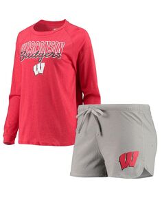Женский комплект для сна: красно-серая футболка Wisconsin Badgers реглан с длинными рукавами и шорты с принтом меланжевого цвета Concepts Sport