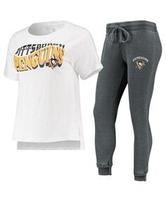 Женская темно-серая футболка реглан белого цвета Pittsburgh Penguins Resurgence Slub Burnout и комплект для сна для джоггеров Concepts Sport