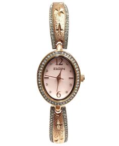 Женские часы с овальным лицом и полубраслетом с бриллиантами, розовый ремешок Elgin, золотой