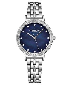 Женские серебристые часы-браслет с звеньями и кристаллами, 33 мм Stuhrling, синий