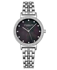 Женские серебристые часы-браслет с звеньями и кристаллами, 33 мм Stuhrling, черный