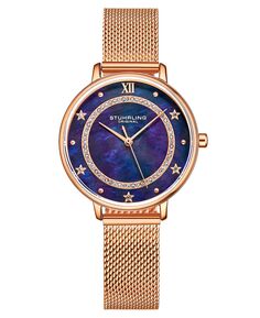 Женские кварцевые часы с сетчатым ремешком цвета розового золота, 34 мм Stuhrling, синий