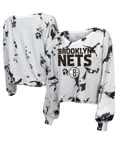 Женская укороченная футболка с длинными рукавами и бело-черным принтом Brooklyn Nets Aquarius Tie Dye Majestic