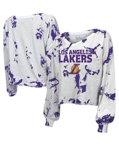 Белая женская укороченная футболка с длинным рукавом и v-образным вырезом Los Angeles Lakers Aquarius Tie-Dye Majestic, белый