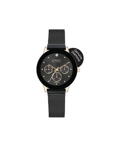 Женские аналоговые часы с хронографом из настоящего бриллианта, черный циферблат, золотистый корпус и сетчатый ремешок, 30 мм Jones New York, черный