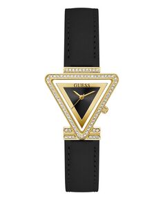 Женские золотистые часы с блестящим черным ремешком из натуральной кожи, 34 мм GUESS, черный