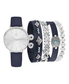Женские аналоговые часы с темно-синим ремешком, 36 мм, комплект темно-синих и серебристых браслетов Jessica Carlyle