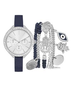 Женские аналоговые часы с темно-синим ремешком, 34 мм, с серебристыми браслетами от сглаза Jessica Carlyle
