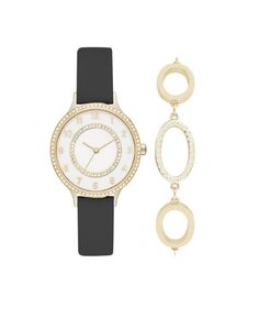 Женские аналоговые часы с черным ремешком, 34 мм, с браслетом из кристаллов золотистого циркония, подарочный набор Jessica Carlyle, черный