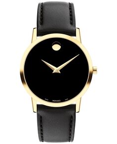 Женские часы Swiss Museum с классическим черным кожаным ремешком, 33 мм Movado, золотой