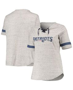 Женская серая футболка с v-образным вырезом и шнуровкой New England Patriots больших размеров Profile