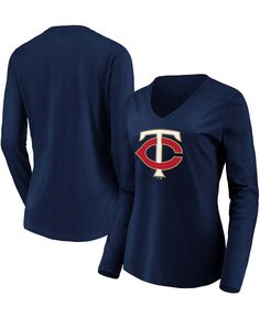 Женская темно-синяя футболка с длинным рукавом и v-образным вырезом с официальным логотипом Minnesota Twins Fanatics, темно-синий