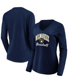 Женская темно-синяя футболка с длинным рукавом и v-образным вырезом Milwaukee Brewers Victory Script Fanatics, темно-синий