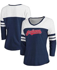 Женская темно-синяя, белая футболка с треугольным вырезом и рукавами 3/4, с официальной надписью Cleveland Indians, с v-образным вырезом Fanatics