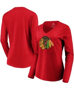 Красная женская футболка с длинным рукавом и v-образным вырезом с логотипом Chicago Blackhawks Primary Fanatics, красный