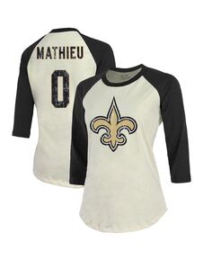Женские нити Tyrann Mathieu кремового цвета, черная футболка New Orleans Saints с именем и номером реглан с рукавами 3/4 Majestic