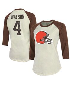 Женские нитки Deshaun Watson Cream, Brown Cleveland Browns Футболка с именем и номером реглан с рукавами 3/4 Majestic