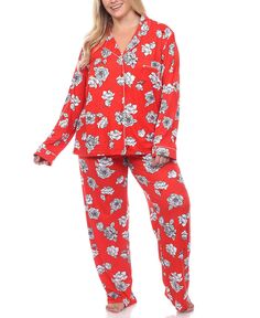 Пижамный комплект больших размеров с длинными рукавами и цветочным принтом, 2 предмета White Mark, красный