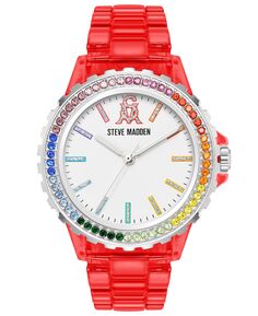 Женские аналоговые часы-браслет из прозрачного красного пластика с радужными кристаллами, 40 мм Steve Madden, красный