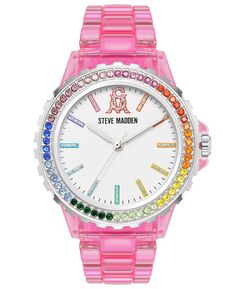 Женские аналоговые часы из прозрачного розового пластика с браслетом из радужных кристаллов, 40 мм Steve Madden, розовый