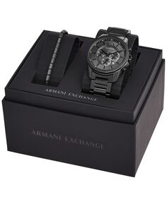 Мужские часы с хронографом, черные часы-браслет из нержавеющей стали, 44 мм, подарочный набор с браслетом Armani Exchange, черный