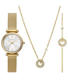 Женские часы Carlie с тремя стрелками, золотистый браслет из нержавеющей стали, 28 мм, комплект украшений Fossil, золотой