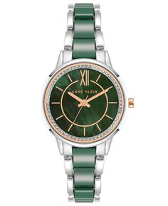 Женские часы из кварцевого сплава серебристого цвета с тремя стрелками и зеленым керамическим браслетом, 32 мм Anne Klein
