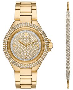 Женские часы Camille с золотистым браслетом из нержавеющей стали с тремя стрелками, 43 мм, и набор браслетов из нержавеющей стали, 2 предмета Michael Kors, золотой