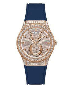 Женские многофункциональные часы из розового золота с блестящим синим силиконовым покрытием, 39 мм GUESS, синий