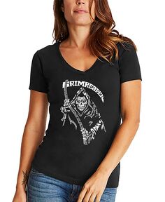 Женская футболка с v-образным вырезом и надписью Grim Reaper Word Art LA Pop Art, черный