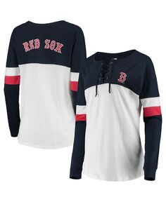 Женская бело-темно-синяя футболка Boston Red Sox на шнуровке с длинным рукавом New Era