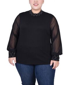 Пуловер больших размеров с длинными сетчатыми рукавами и драгоценностями NY Collection, черный